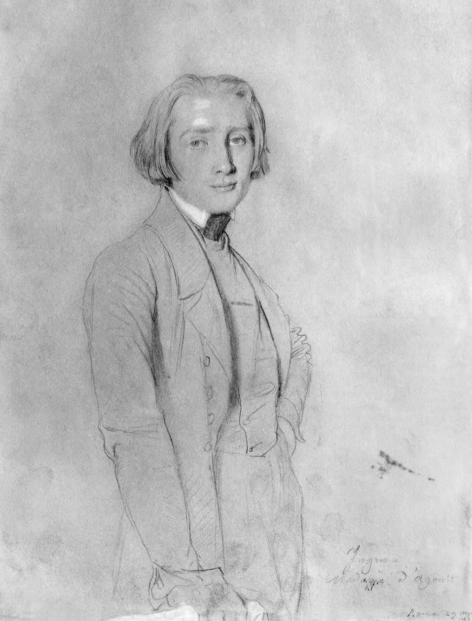 Franz Liszt（1811-86）罗马，1839年5月29日（纸上的石墨和白色亮点） 作者 让·奥古斯特·多米尼克·英格里斯