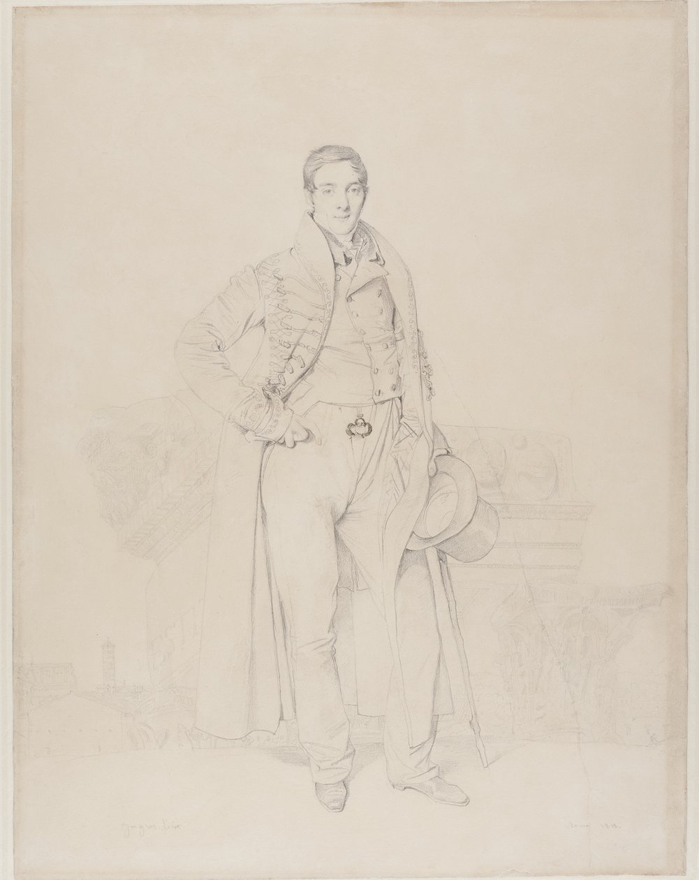 建筑师亚历山大·贝纳德（AlexandreBénard）的肖像，全长，带有古典首都的碎片，1818年以后的罗马广场（石膏和彩色纸上的石墨和彩色纸） 作者 让·奥古斯特·多米尼克·英格里斯