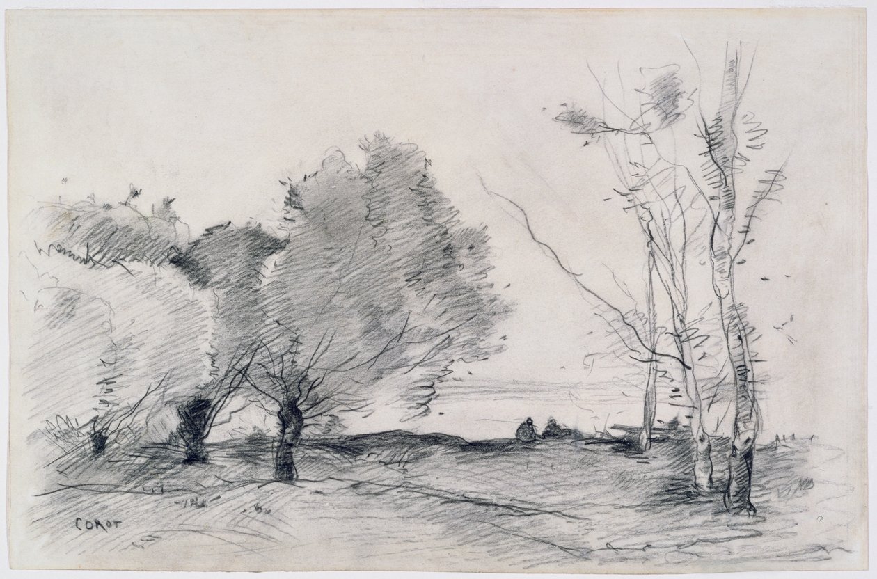 风景，1860-68（铅笔和蜡笔在纸上） 作者 让·巴蒂斯特·卡米尔·科罗