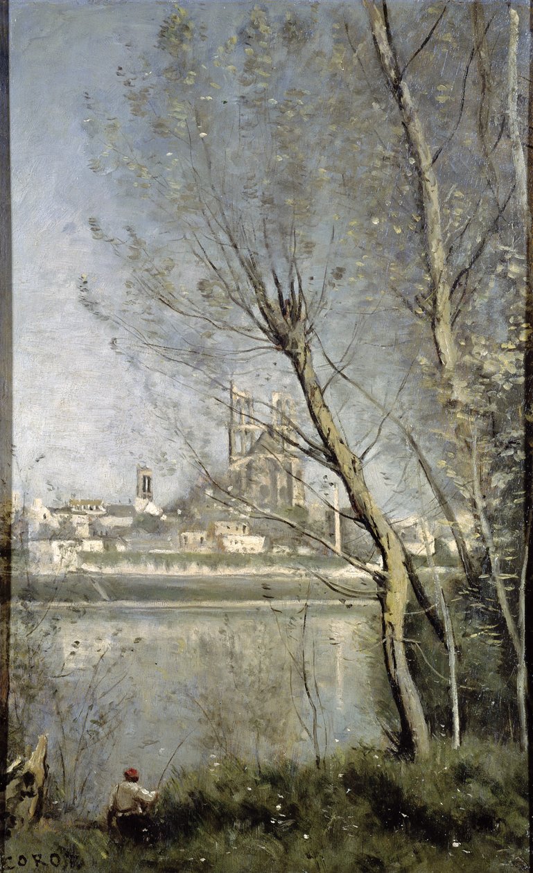 Mantes，大教堂和城镇的看法通过树，c.1865-70 作者 让·巴蒂斯特·卡米尔·科罗