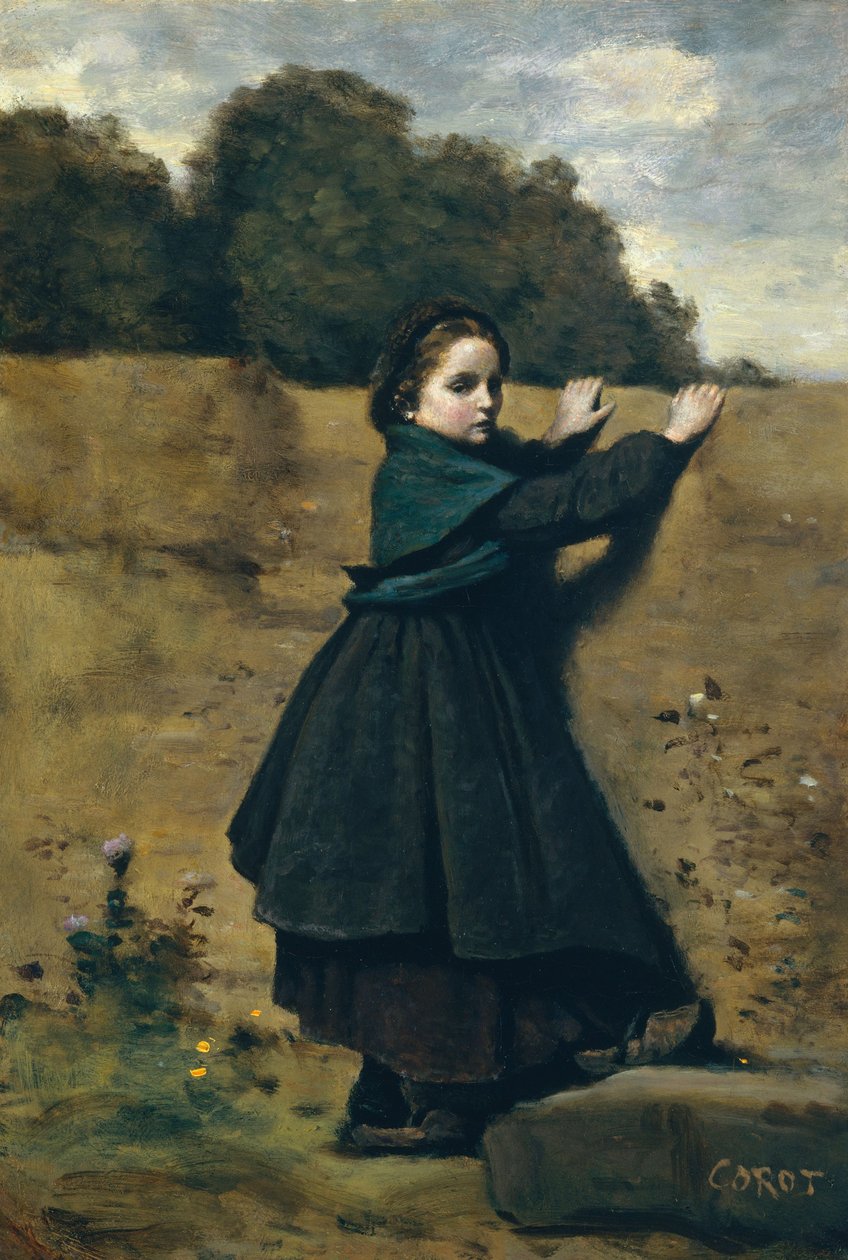 好奇的小女孩，1860-64（纸板上的油，放在木头上） 作者 让·巴蒂斯特·卡米尔·科罗