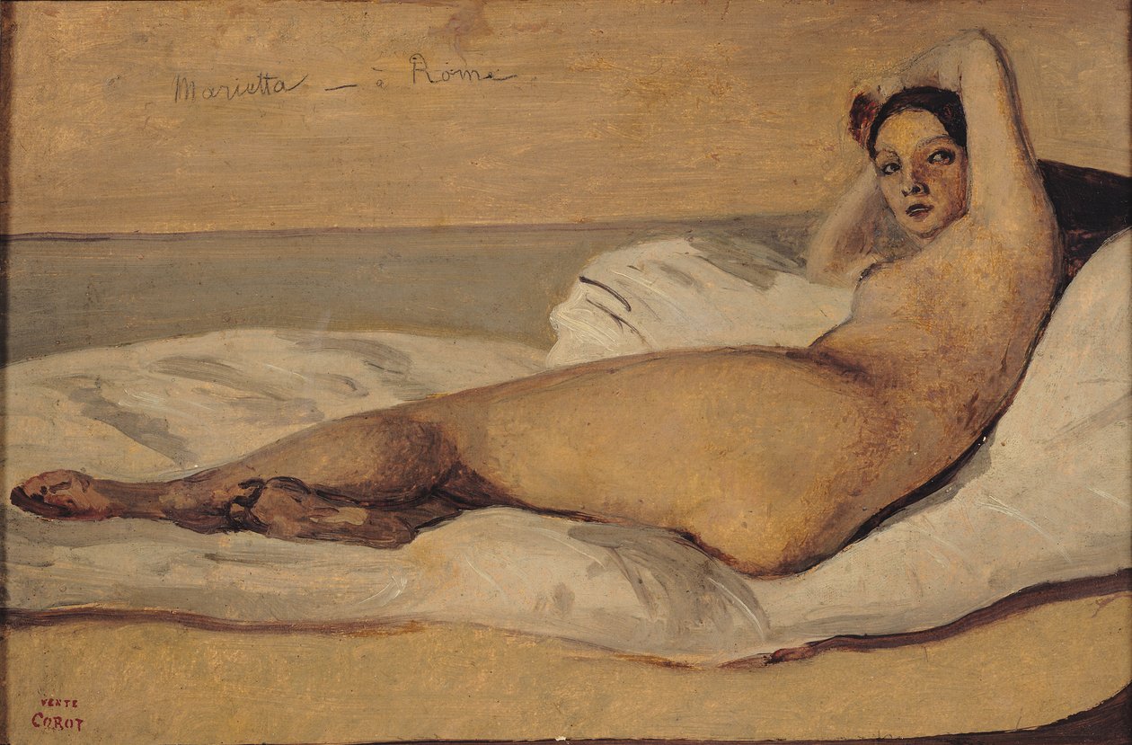 罗马Odalisque（玛丽埃塔）1843年（纸和纸上的铅笔） 作者 让·巴蒂斯特·卡米尔·科罗