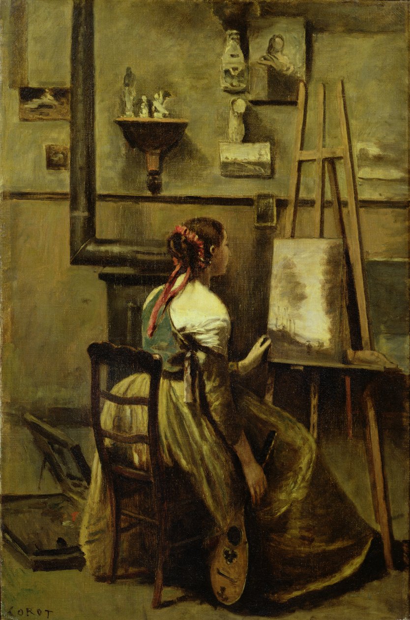 柯罗工作室，或年轻女子坐在画架前，1868-70 作者 让·巴蒂斯特·卡米尔·科罗