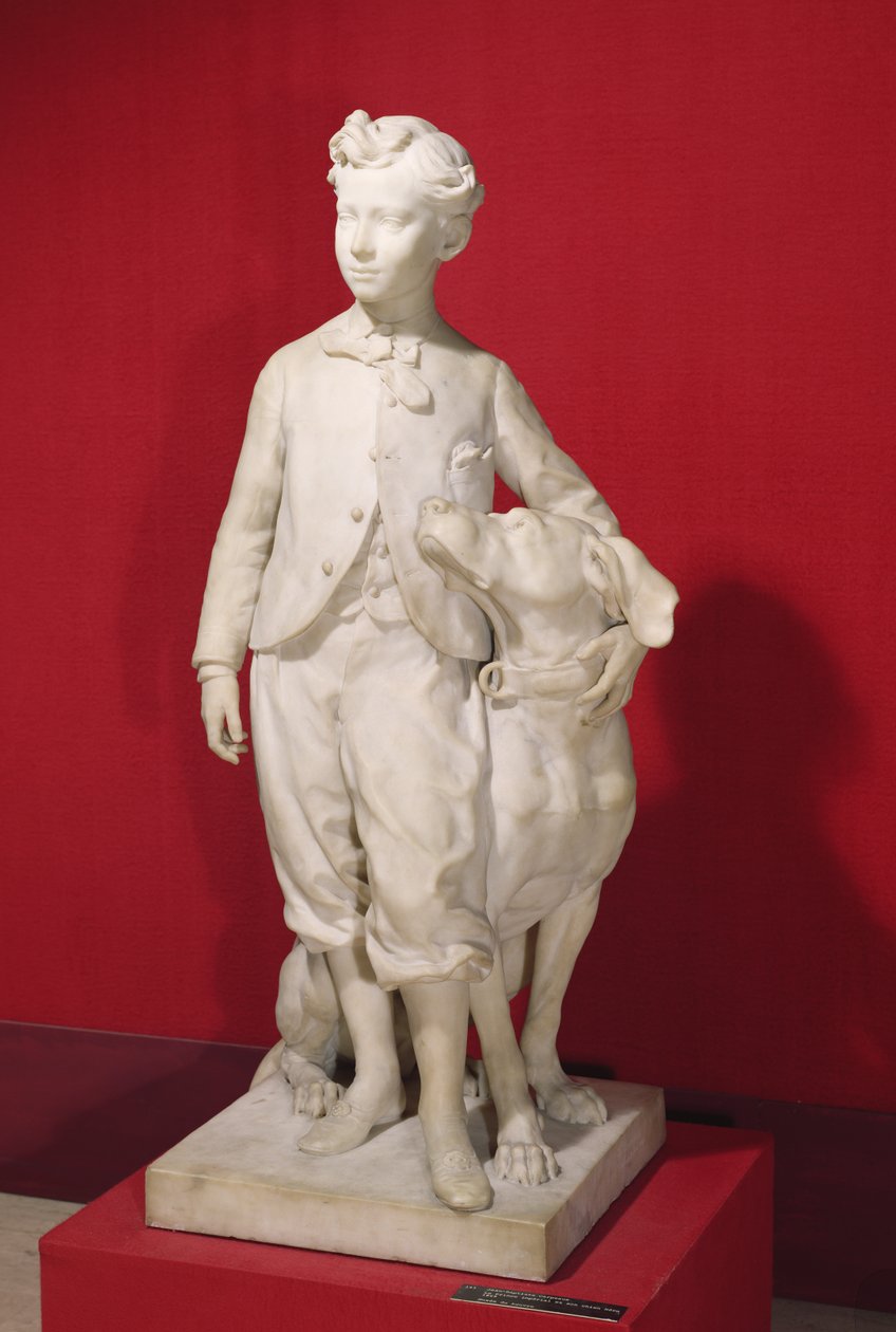Louis-Eugene-Napoleon Bonaparte（1856-79）和他的狗，尼禄，1865年（大理石） 作者 让·巴蒂斯特·卡尔佩