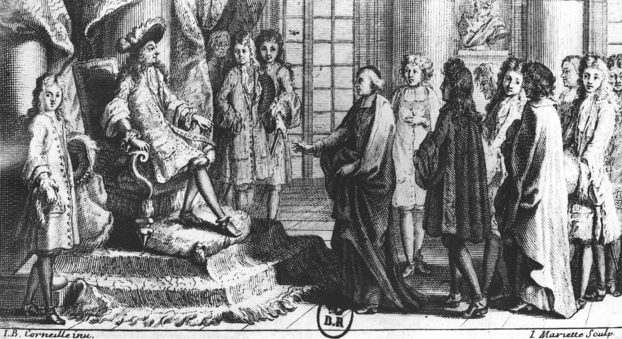 1694年，法国学院的成员向路易十四（1638-1715）赠送字典，由Jean Mariette（1660-1742）雕刻 作者 让·巴蒂斯特·科尼耶