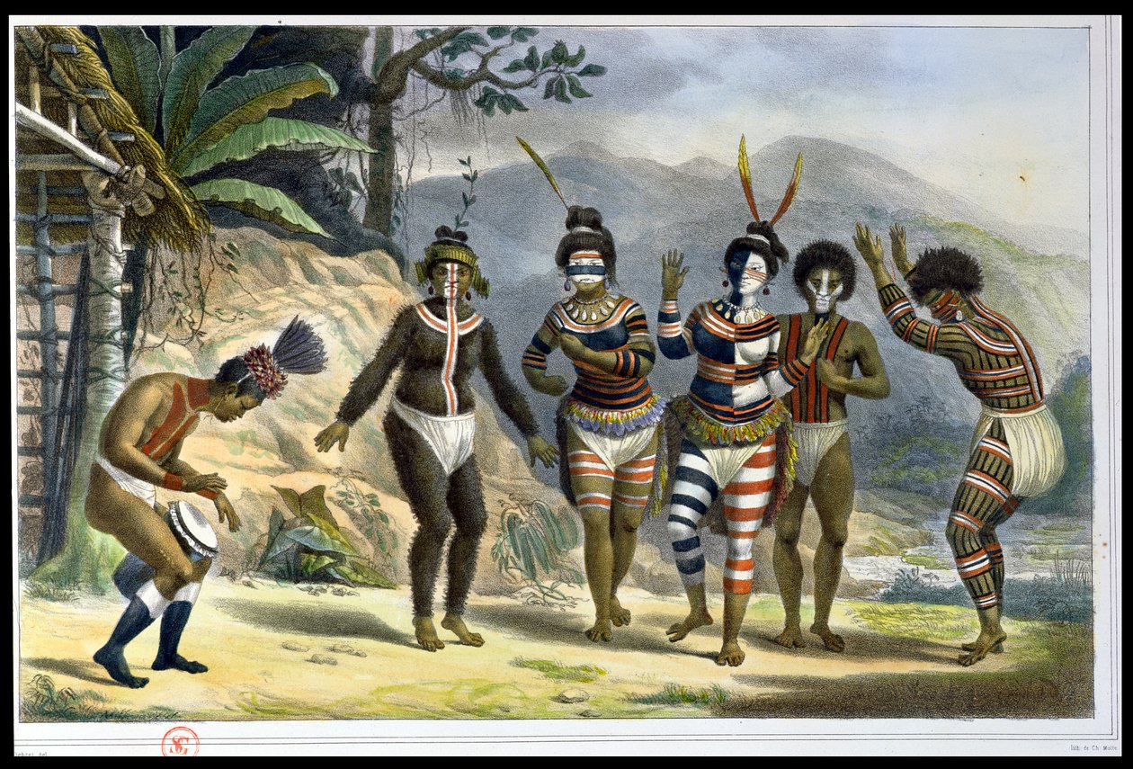 印度人在圣何塞使命中跳舞，来自“巴西的古雅和历史旅行”，由Charles Etienne Pierre Motte（1785-1836）于1839年出版。 作者 让·巴蒂斯特·德布雷特