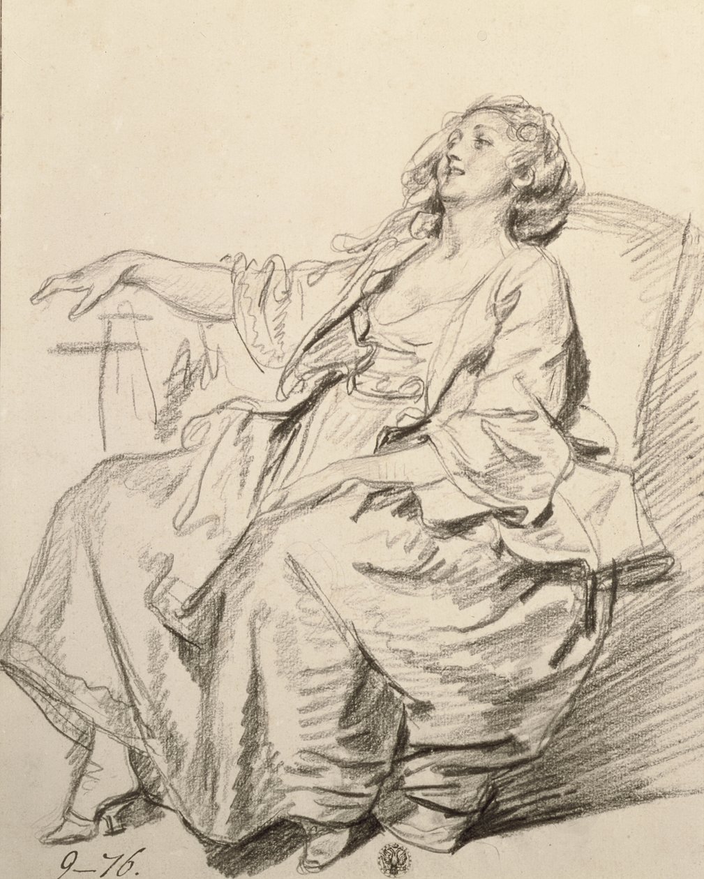 年轻女子坐在扶手椅上，c.1768-69（黑色粉笔） 作者 让·巴蒂斯特·格鲁兹