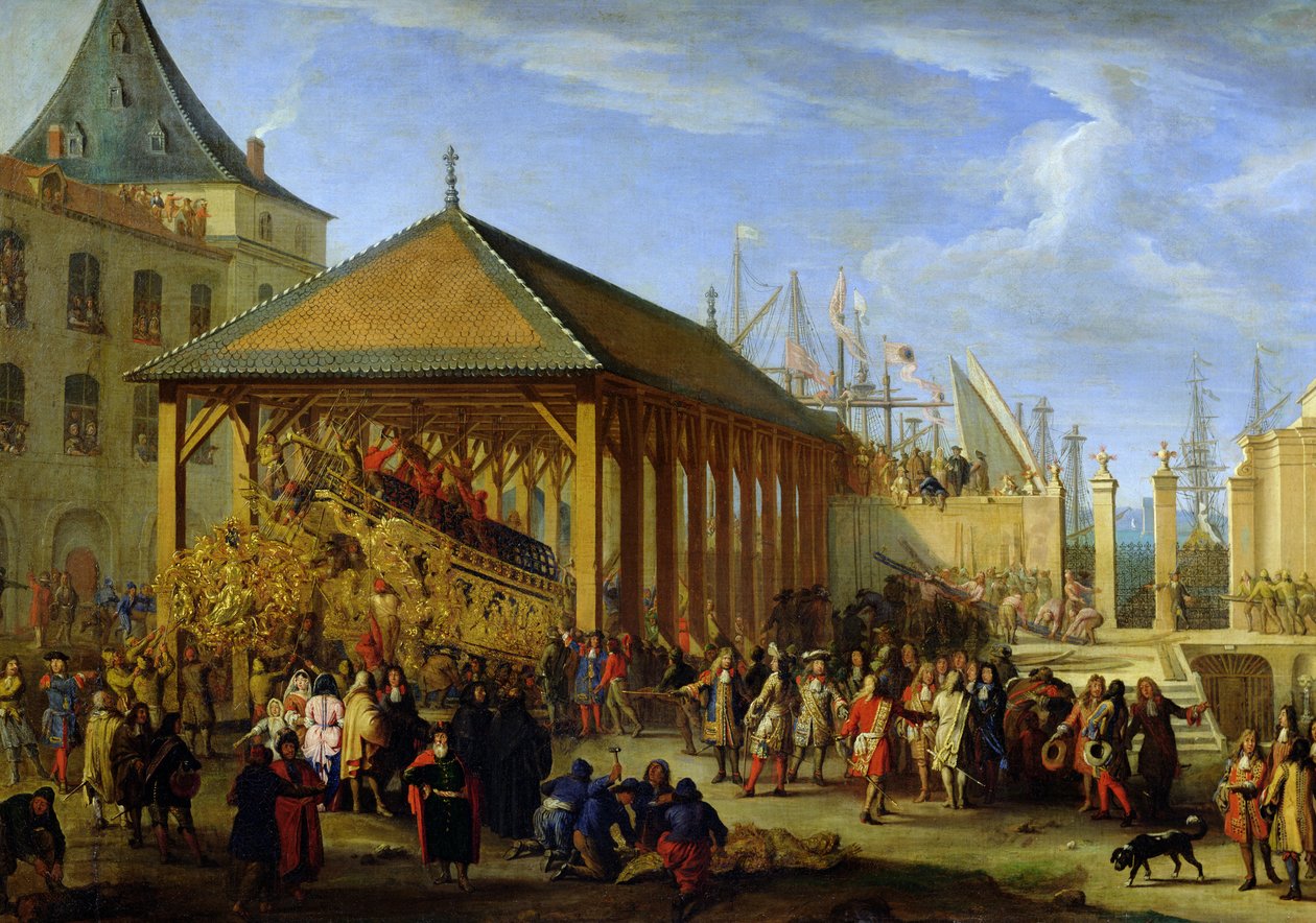 Jean-Baptiste Colbert（1651-90）Seignelay侯爵和Louis Victor Rochechouart（1636-88）Vivonne公爵于1669年在马赛阿森纳参观大帆船&39;法国的Reale&39;，c.1679（石油） 作者 让·巴蒂斯特·德拉罗斯