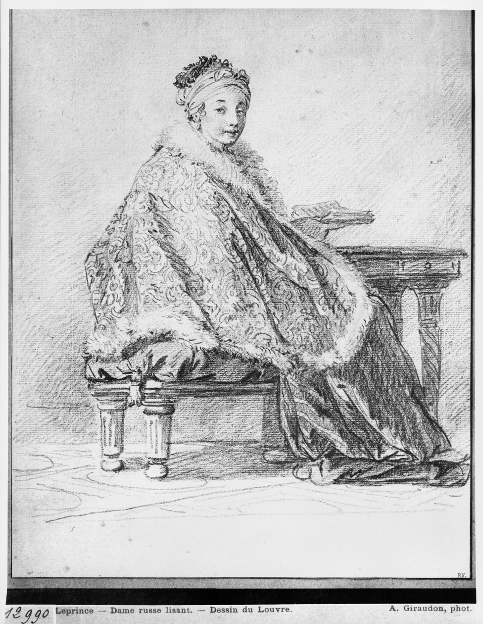 俄罗斯女人在一张桌子，她手里拿着一本书（皮埃尔noire und redchalk在纸上） 作者 让·巴蒂斯特·勒普林斯