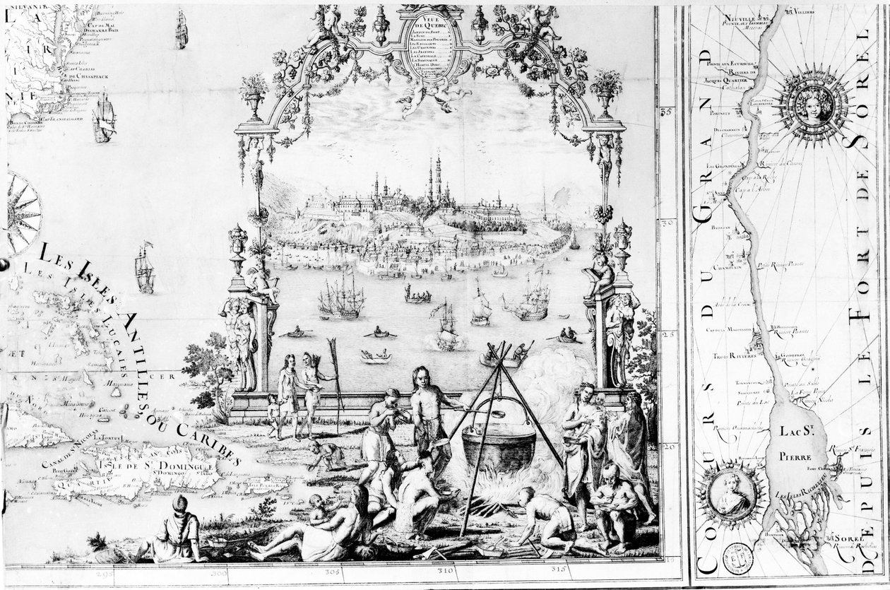 魁北克的看法，描述圣劳伦斯河的地图的漩涡花饰从Sorel，1699 作者 让·巴蒂斯特（Jean Baptiste）Louis Franquelin