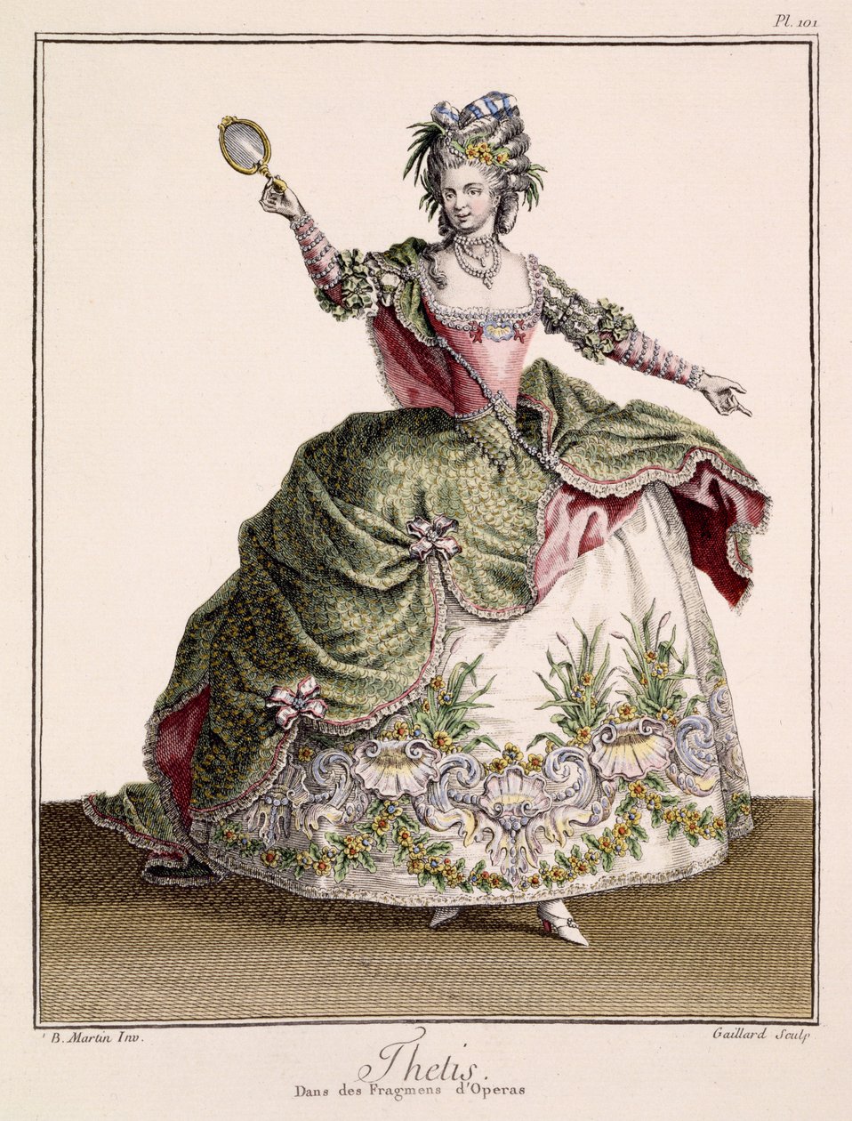 “Des Fragmens d&39;Operas”的Thelis服装设计，由Gaillard制作，18世纪晚期（手工彩色雕刻） 作者 让·巴蒂斯特·马丁