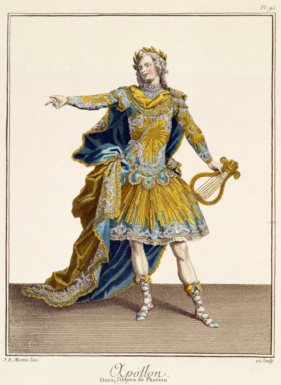 歌剧“Phaethon”中阿波罗的服装，由艺术家雕刻，1780年 作者 让·巴蒂斯特·马丁