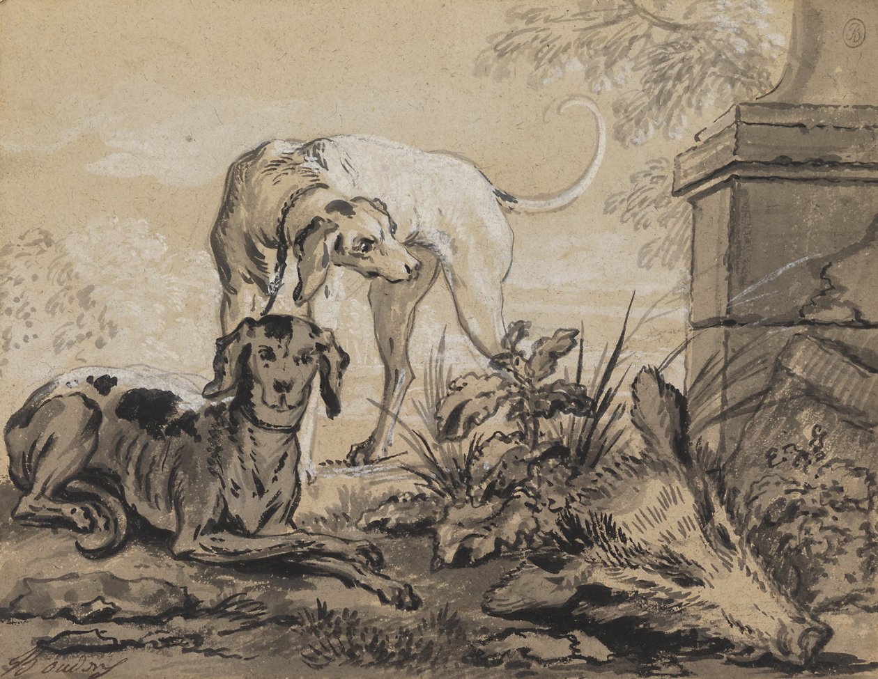 在公猪头旁边的亨特 - 两只猎犬之后 作者 让·巴蒂斯特·奥德里（Jean Baptiste Oudry）