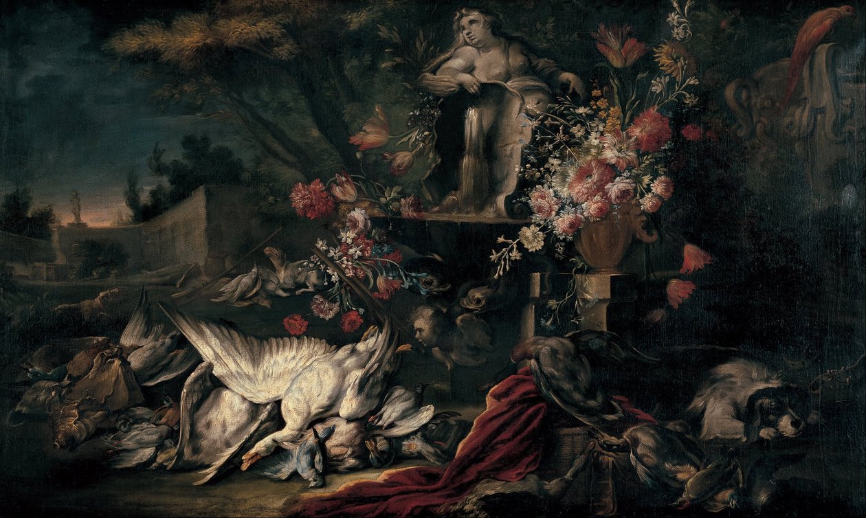 与射击装备和花的死亡自然我 作者 让·巴蒂斯特·奥德里（Jean Baptiste Oudry）