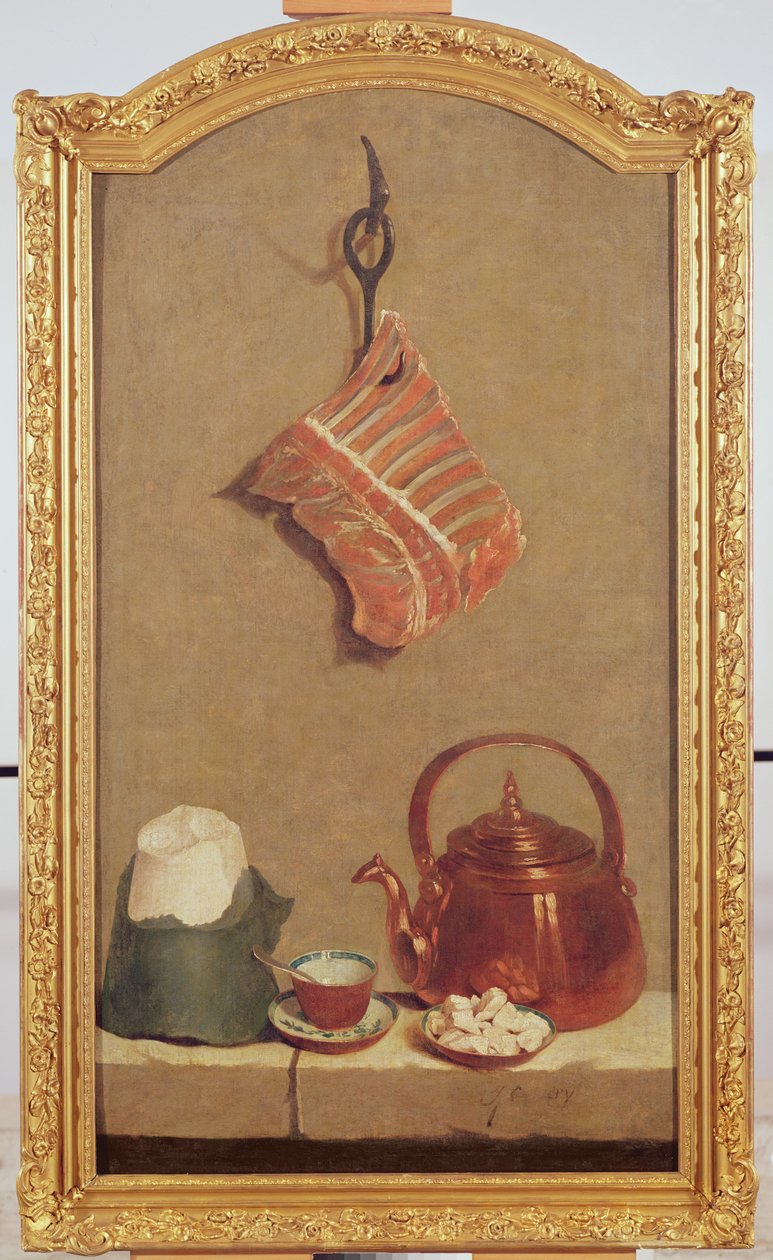 静物与肉，水壶，杯，糖面包和糖块 作者 让·巴蒂斯特·奥德里（Jean Baptiste Oudry）