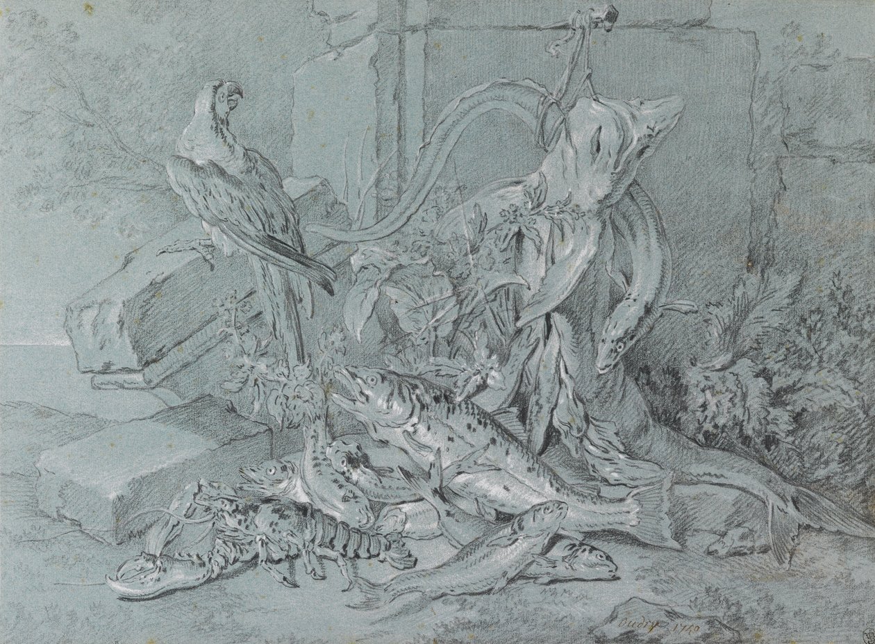 与鱼和鹦鹉的静物画 作者 让·巴蒂斯特·奥德里（Jean Baptiste Oudry）
