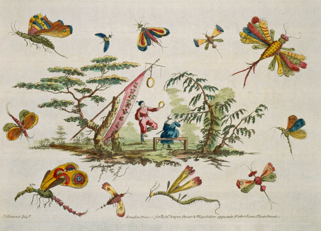 显示蝴蝶和佩带日本服装的两个中央图的例证从夫人Amusement.Japanning。 Pillement，Jean Baptiste（1728-1808） 作者 让·巴蒂斯特·皮列曼