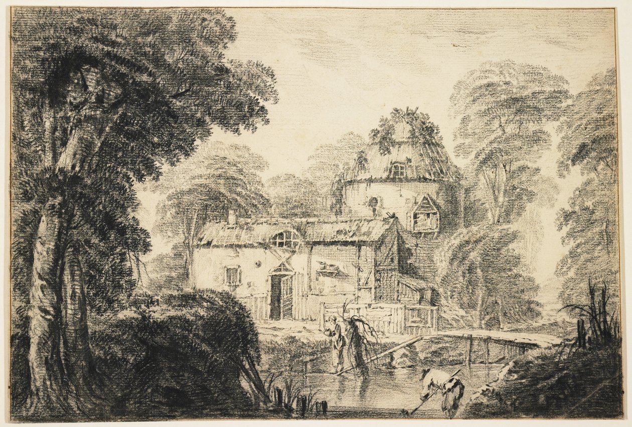 景观与小屋和农民，c.1770（奶油色纸上的黑色粉笔） 作者 让·巴蒂斯特·皮列曼
