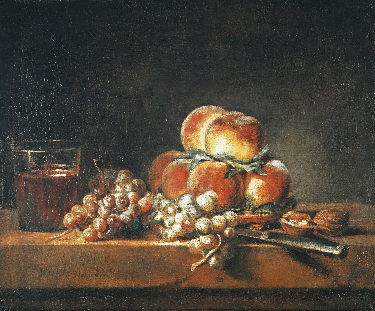 桃子，坚果，葡萄和一杯酒的静物，1758年 作者 让·巴蒂斯特·西蒙·查尔丁
