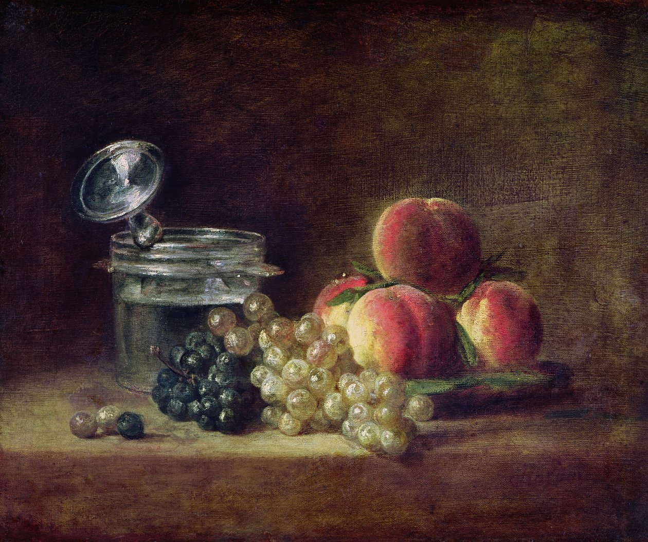 静物与一篮子桃子，白色和黑色葡萄与冷却器和酒杯，c.1759 作者 让·巴蒂斯特·西蒙·查尔丁