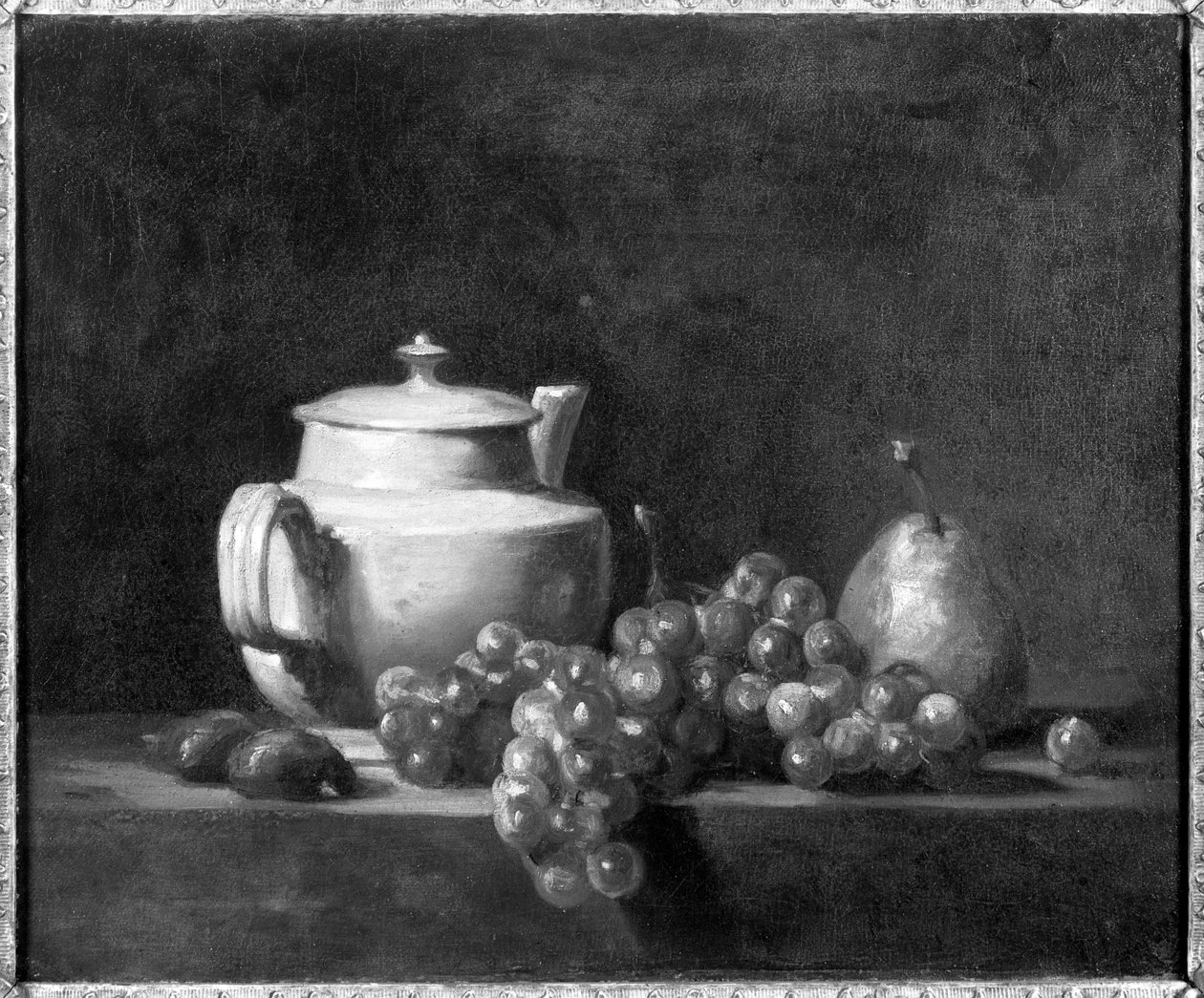 白色茶壶配两个栗子，白葡萄和梨 作者 让·巴蒂斯特·西蒙·查尔丁