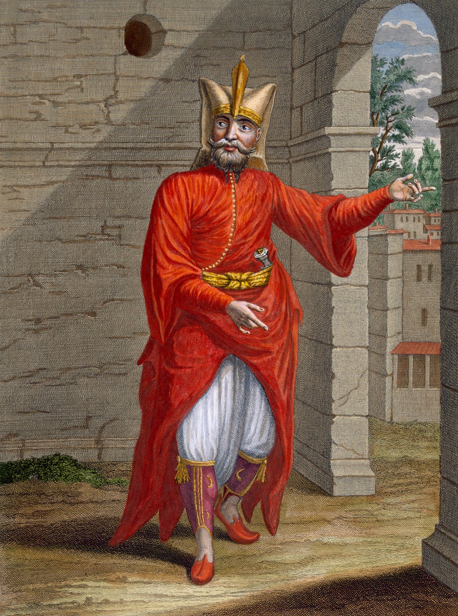 Janissary，来自Charles de Ferriol的“代表不同国家的一百张照片的集合”的板块32，由Jean-Baptise Haussard（f.1679-1749）刻，1707-08（coloure） 作者 让·巴蒂斯特·范穆尔