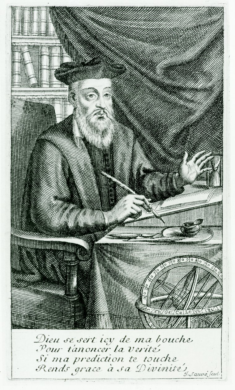 Michel de Nostredame（诺查丹玛斯）（1503-66）写下他的预言，由Jean Sauve刻（（1660-91） 作者 让·布朗厄尔