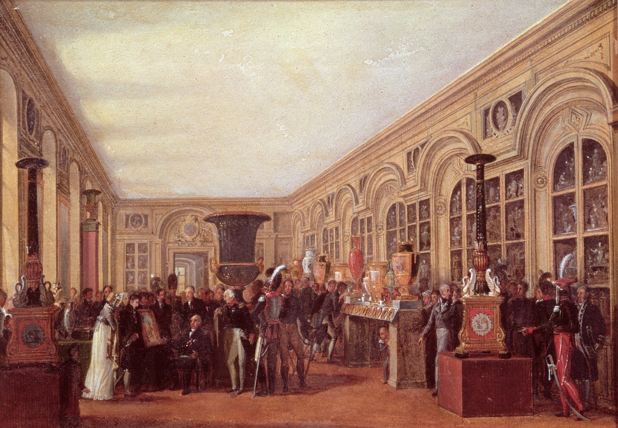 Alexandre Brongniart（1770-1847）向路易十八（1755-1824）介绍Sevres工作室的艺术家（纸上油画） 作者 让·查尔斯·德维尔（Jean Charles Develly）