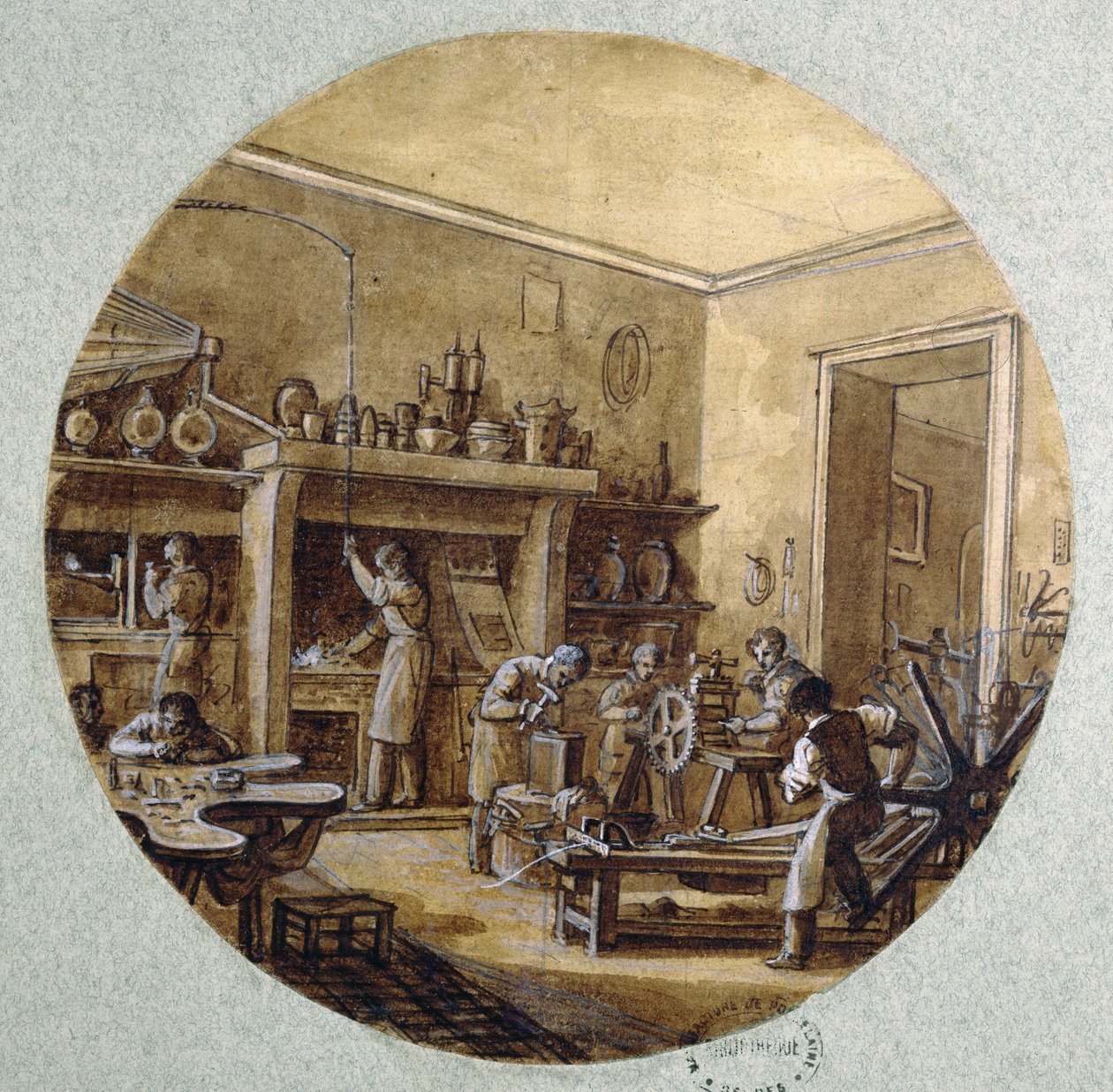 珠宝商的工作室，用于描绘不同行业的服务的板材设计，c.1820-35（笔和墨水和水粉在纸上） 作者 让·查尔斯·德维尔（Jean Charles Develly）