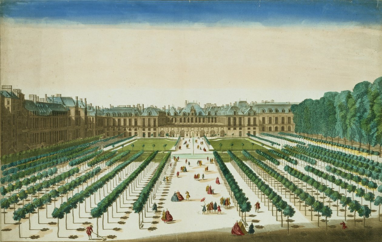 花园一侧皇家宫殿的景观和透视，由Antoine Aveline雕刻（1691-1743） 作者 让·乔富里埃