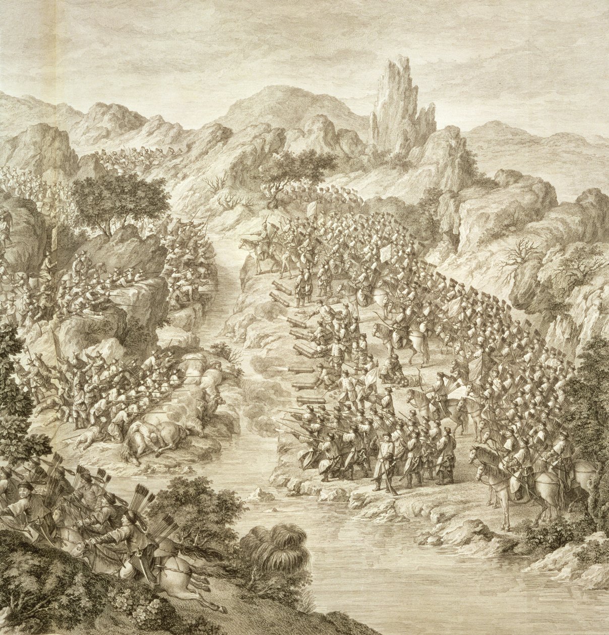 1759年中国军队与埃里克斯之间的第一场战斗，详细的战斗过河，从一系列代表征服干隆皇帝的印刷品的盘子10 作者 让·达马森（Jean Damascene）