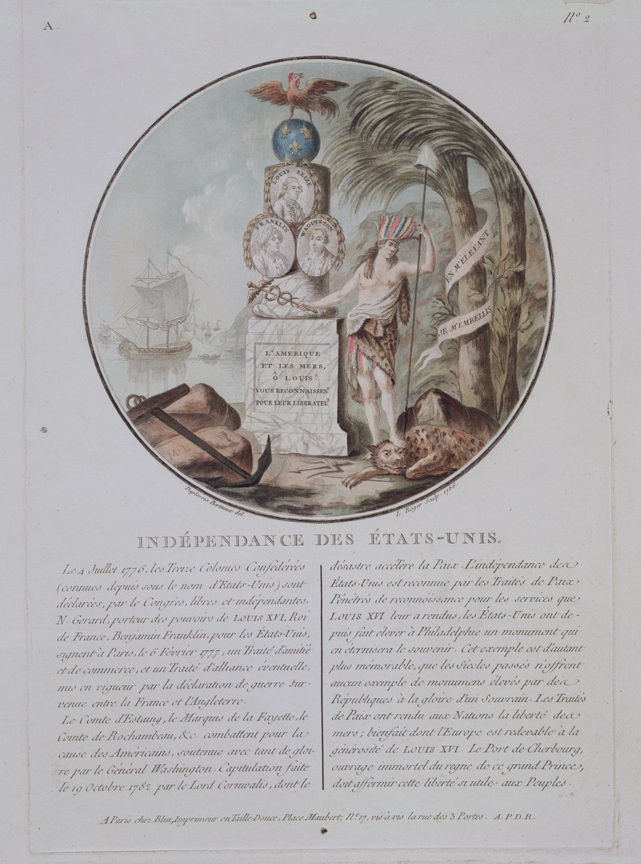 独立的美国，由L. Roger雕刻，1786年（彩色光刻） 作者 让·杜普里西斯·贝托（Jean Duplessis Bertaux）