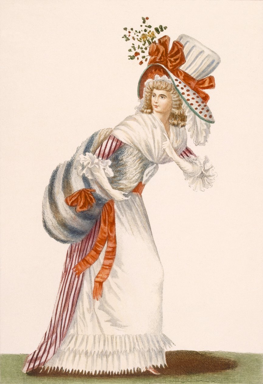 女装引人注目的日装，来自&39;Galeries des Modes et Costumes Francais&39;，c.1778-87 99：衣服;传统服饰;传统服饰;时尚;插图;十八世纪;法式 作者 让·弗洛朗·德弗赖恩