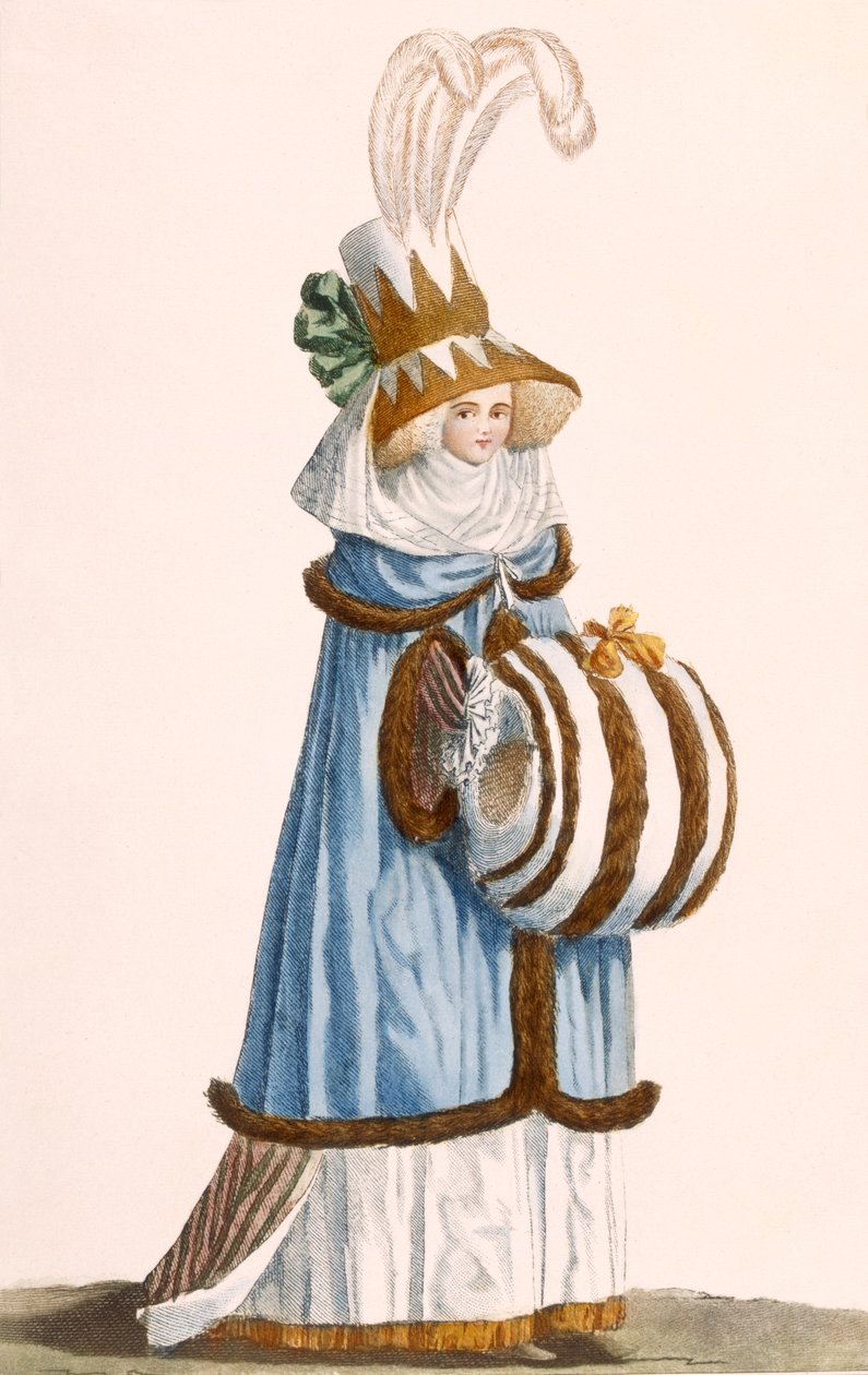 英国礼服，Theadore的帽子，来自“法国时装和服饰画廊”的版画，c.1778-87 99：服装;传统服饰;传统服饰;时尚; illustratio 作者 让·弗洛朗·德弗赖恩