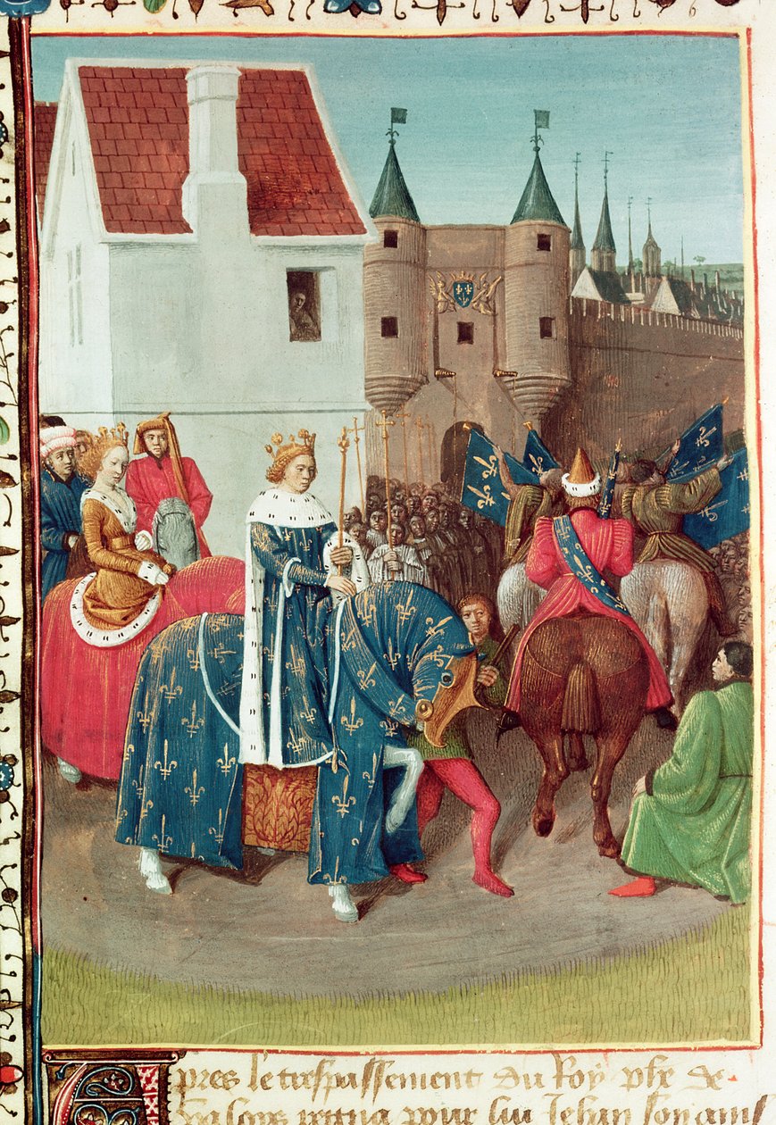 Fr 6465 f.378v女士进入约翰二世国王的巴黎（1319-64）来自“法国伟大的历代”的布洛涅的好女王珍妮，c.1460 作者 让·富凯