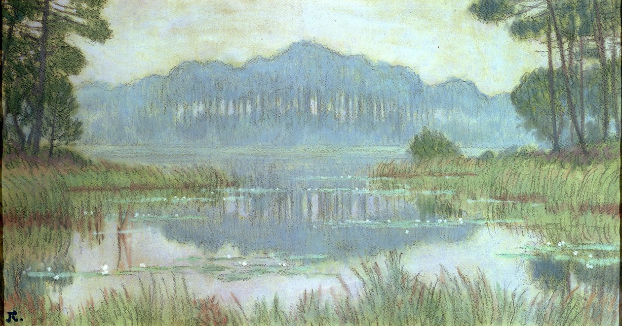 景观与杂草丛生的池塘，c.1900（铅笔和纸上的卫生纸） 作者 让·弗朗西斯·奥伯丁