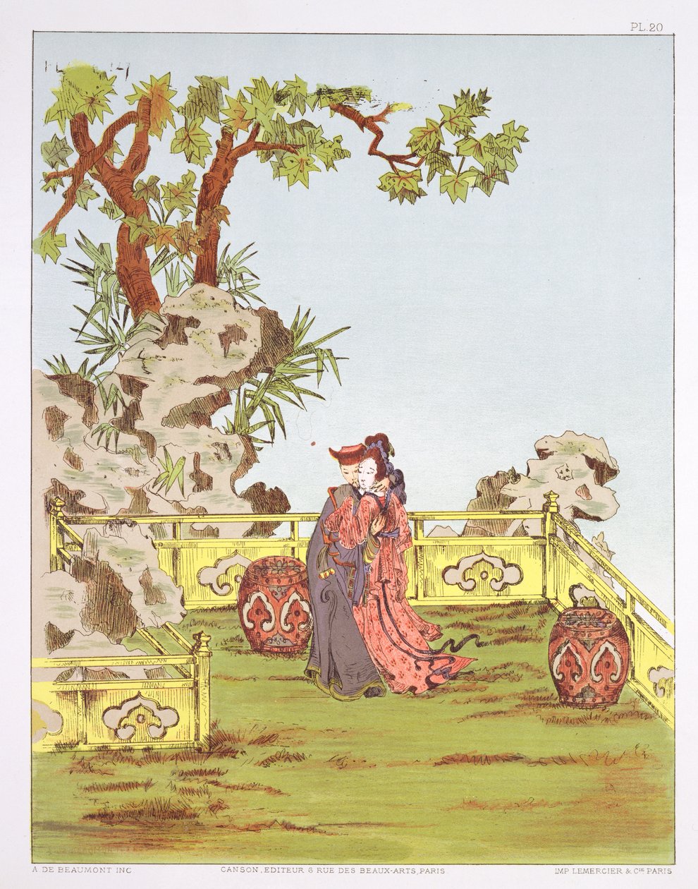 在中国园林中的夫妻，来自“中国的装饰品”，出版于18世纪末 -  19世纪初 作者 让·弗朗索瓦·阿尔巴尼斯·博蒙特