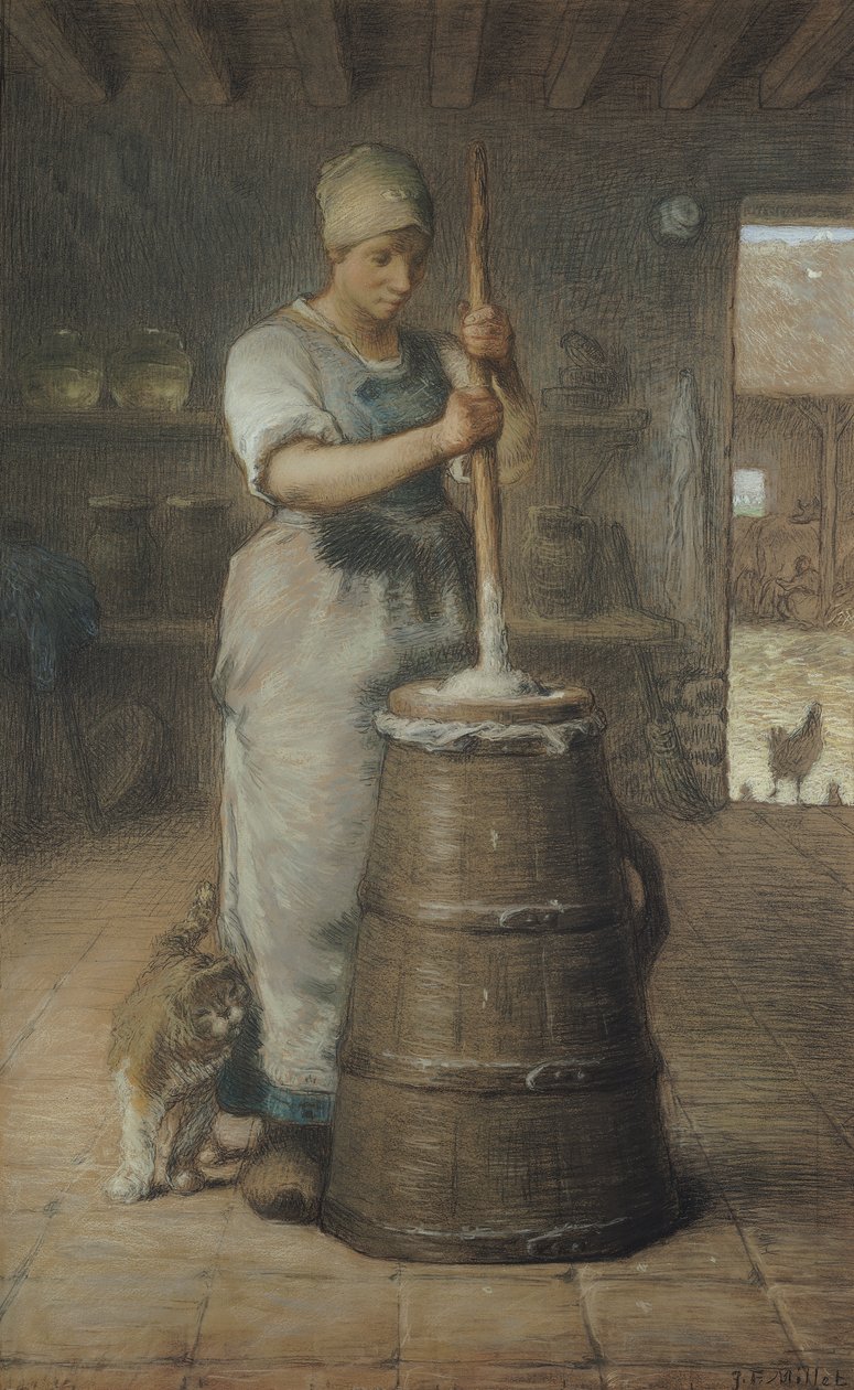 搅拌黄油，1866-68（铅笔和蜡笔在纸上） 作者 让·弗朗索瓦·米勒