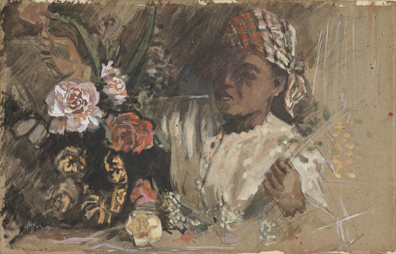 牡丹的黑人妇女，c.1870（wc，水粉，粉笔和卡片上的石墨） 作者 让·弗雷德里克·巴齐尔