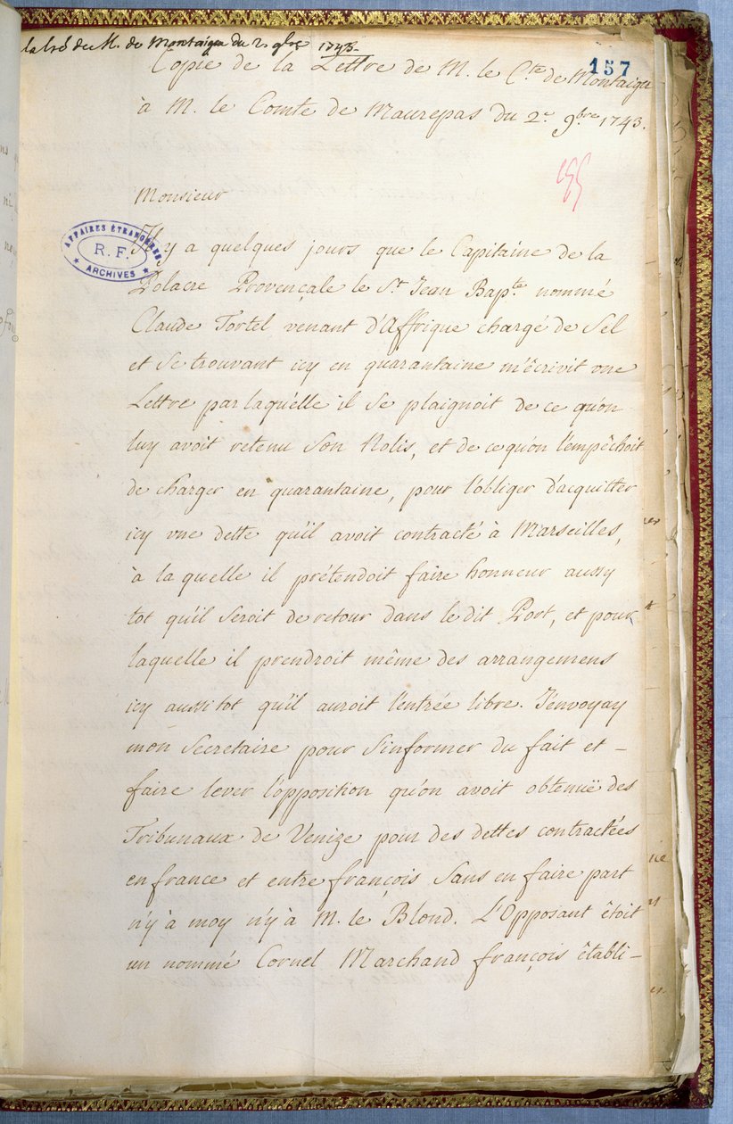 1743年10月，Jean-Jacques Rousseau写给法国驻威尼斯大使的秘书 作者 让·雅克·卢梭