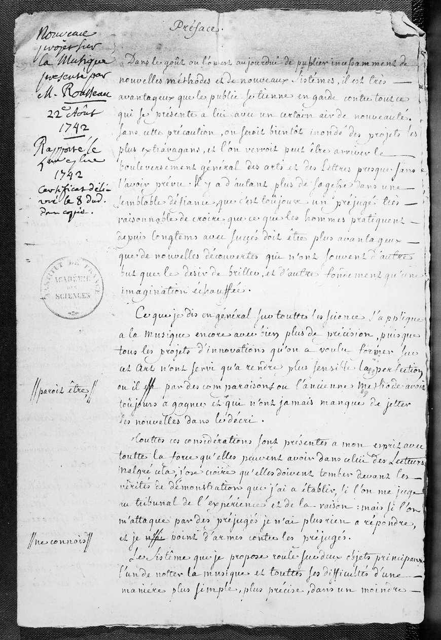 1742年8月22日Jean-Jacques Rousseau向学院科学院赠送乐谱项目 作者 让·雅克·卢梭
