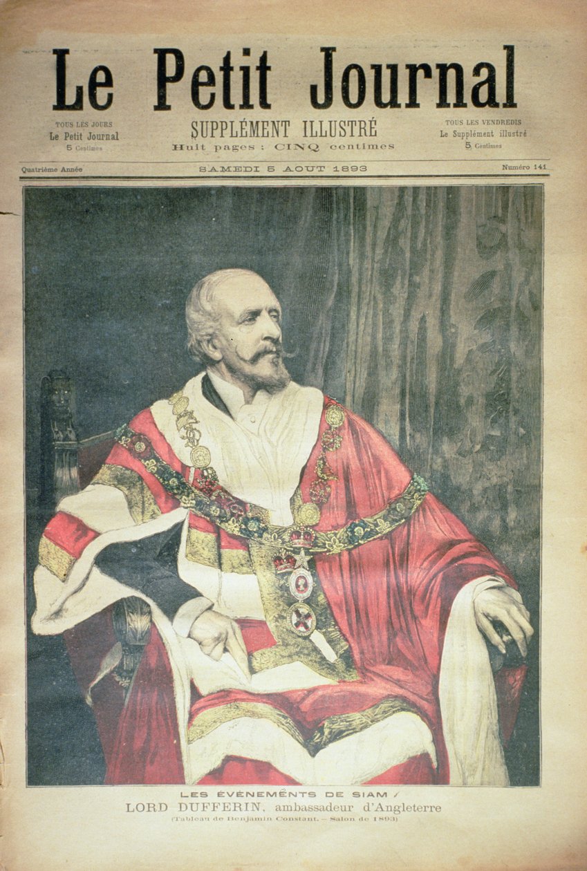 暹罗的活动：英国大使达弗林勋爵，1893年8月5日的“Le Petit Journal”封面 作者 让·约瑟夫·本杰明·康斯坦斯