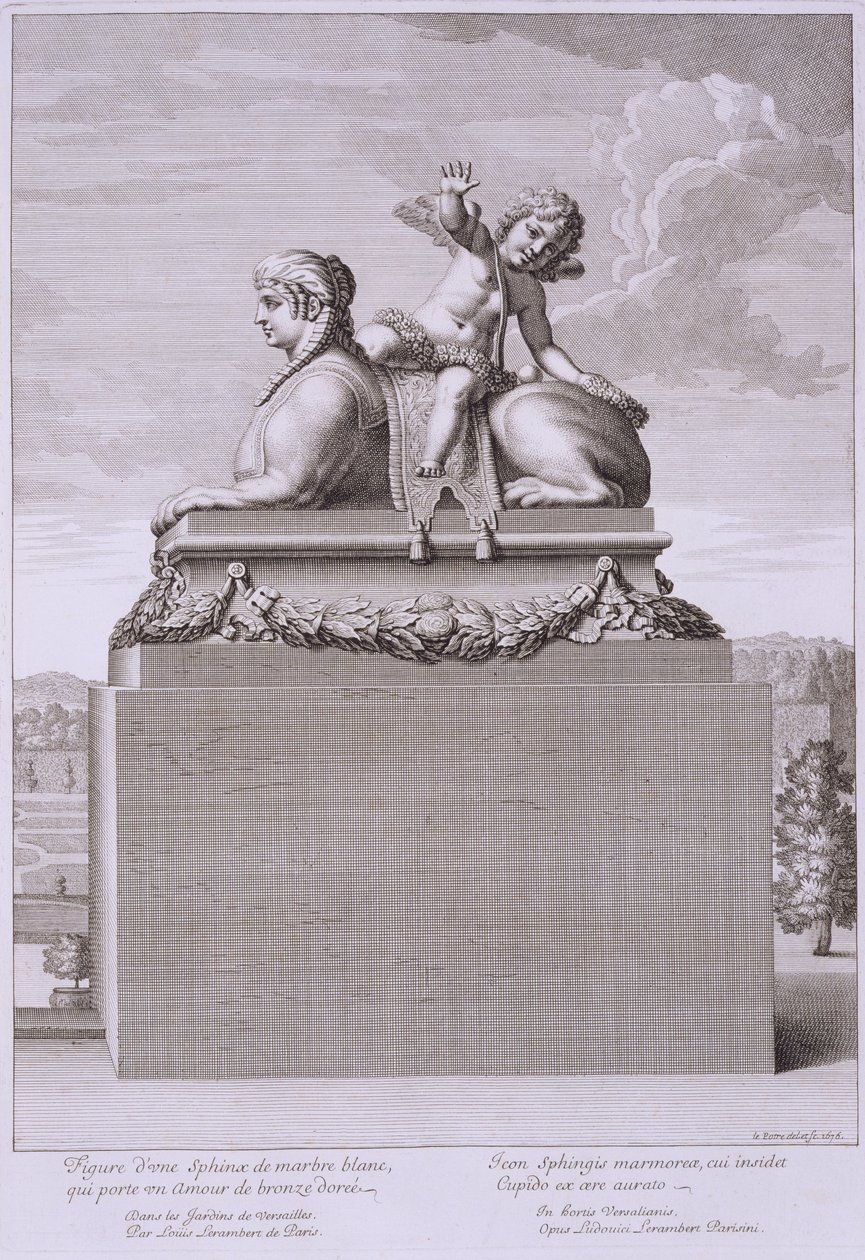 1676年在凡尔赛宫举行青铜色丘比特的狮身人面像，来自“Vues et Plans de Versailles”，出版于第167-89页 作者 让·勒帕特雷