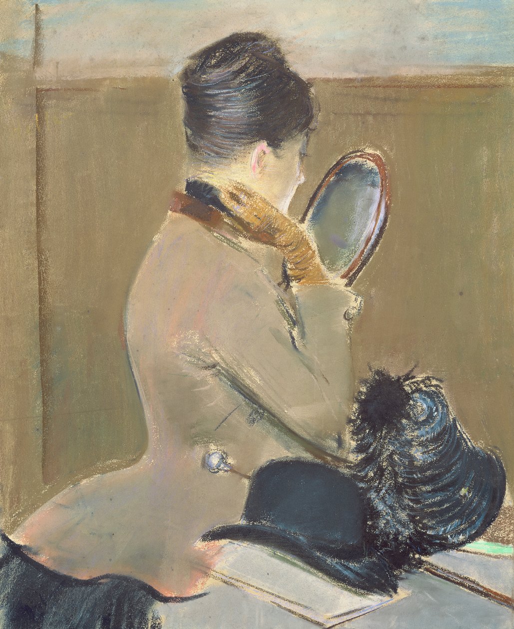 在The Milliner，c.1885（在纸上放置的纸上粉彩） 作者 让·路易·佛兰