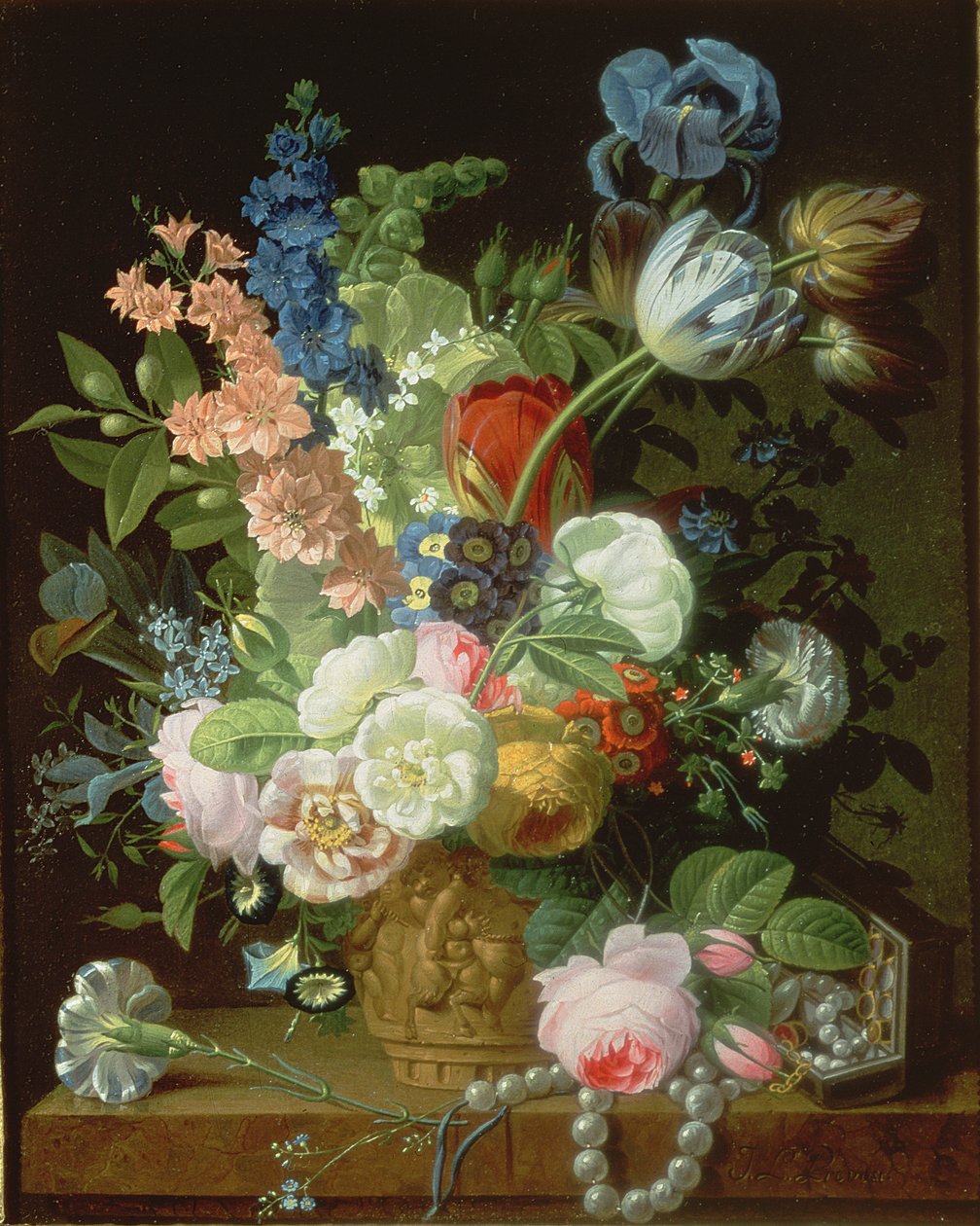 静物画的玫瑰，郁金香，康乃馨，股票和其他鲜花装饰缸，搁在石壁架上 作者 让·路易斯·普雷沃斯特