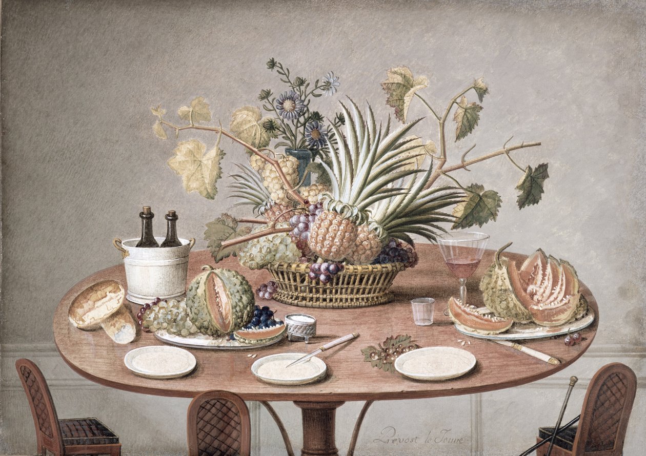 PD.874-1973鲜花和水果桌的静物画，c.1810（wc und gouache） 作者 让·路易斯·普雷沃斯特