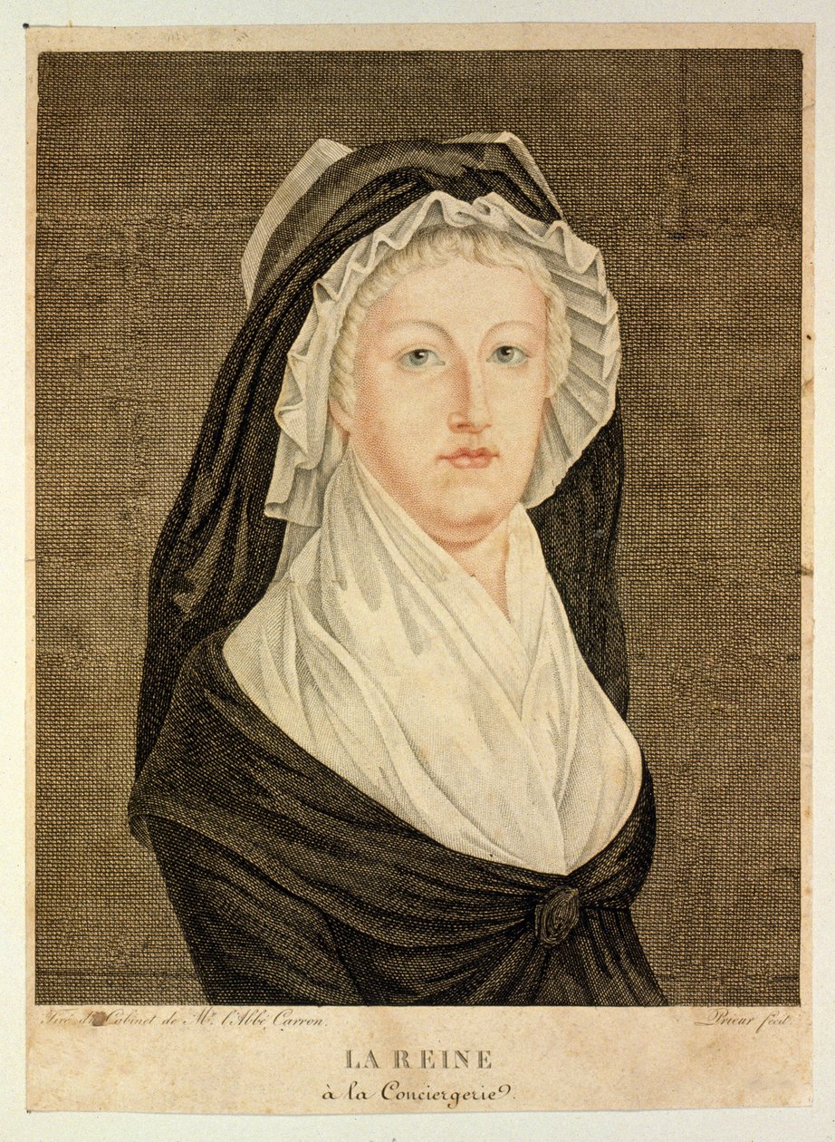 女王在Conciergerie，酒吧的监狱牢房。 1794（手工彩色雕刻） 作者 年轻人让·路易斯