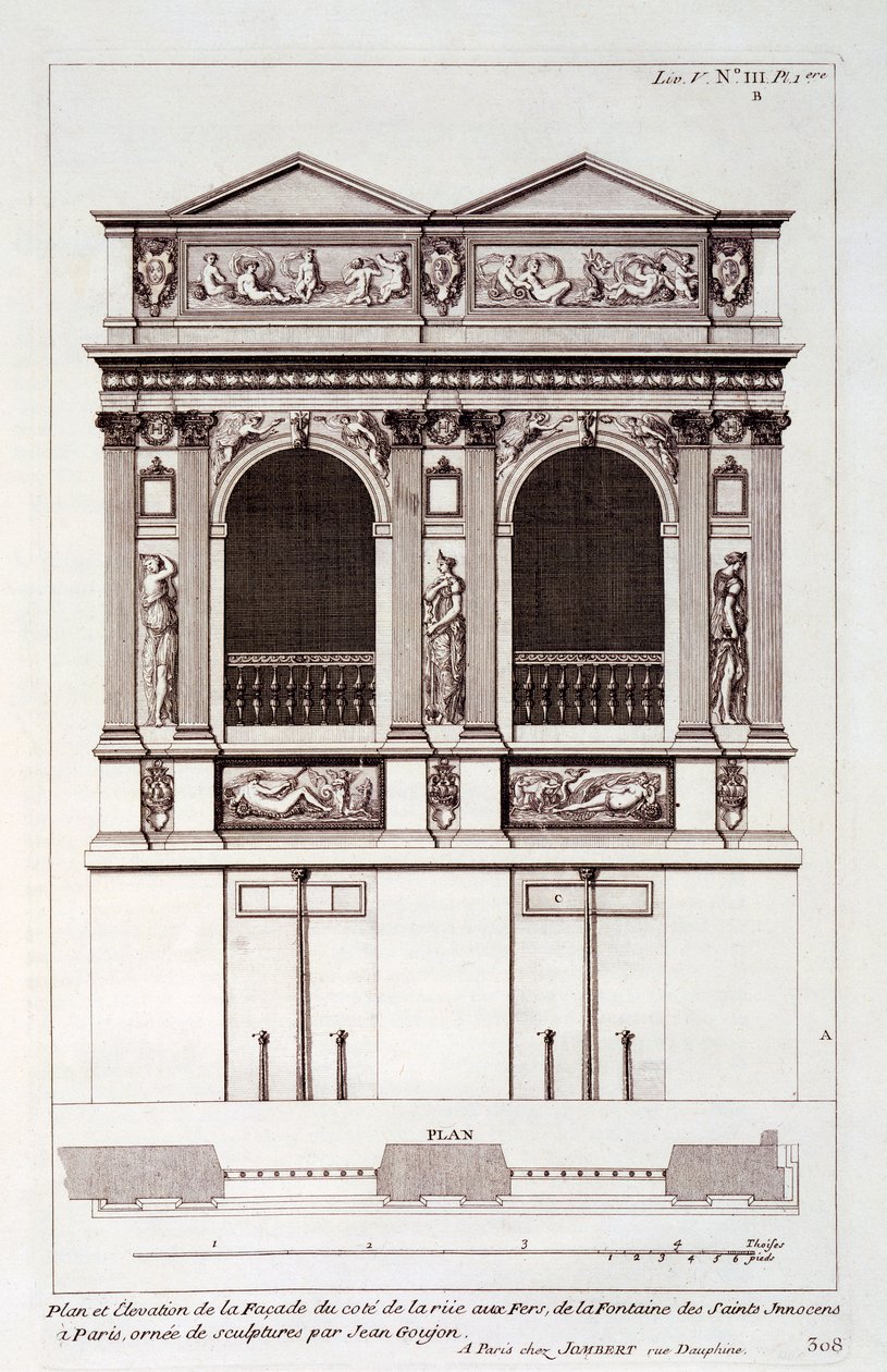 巴黎的Fontaine des Innocents，来自Jacques-Francois Blondel的“建筑弗朗索瓦”，1727年 作者 让·马里埃特