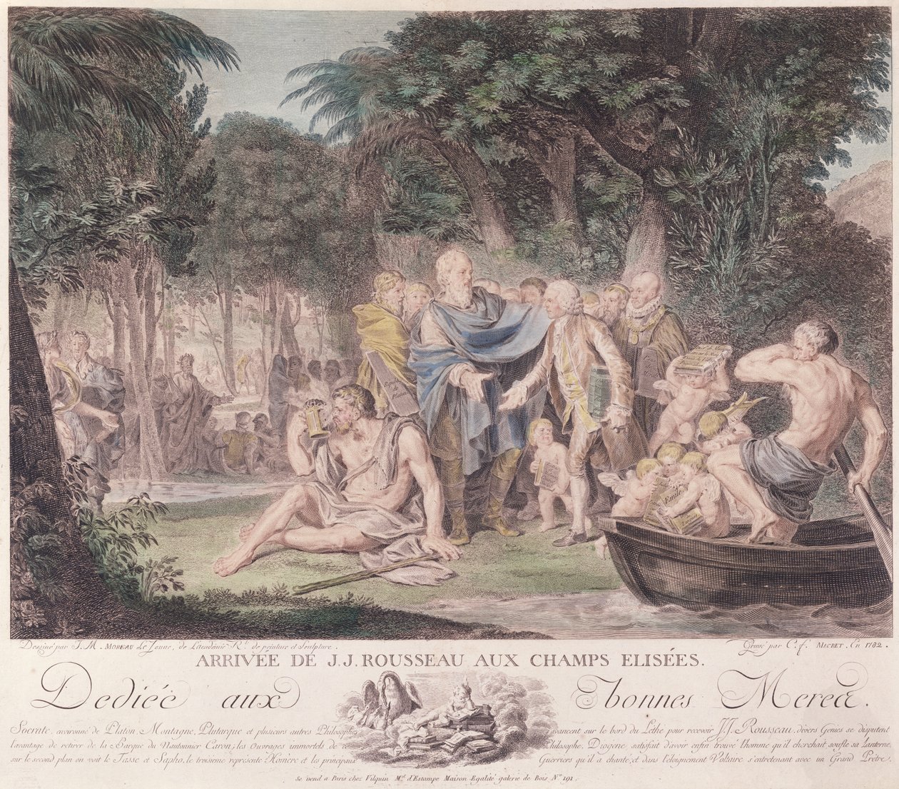 Jean-Jacques Rousseau（1712-78）于1782年在Elysian Fields抵达（彩色雕刻） 作者 让-米歇尔小莫罗