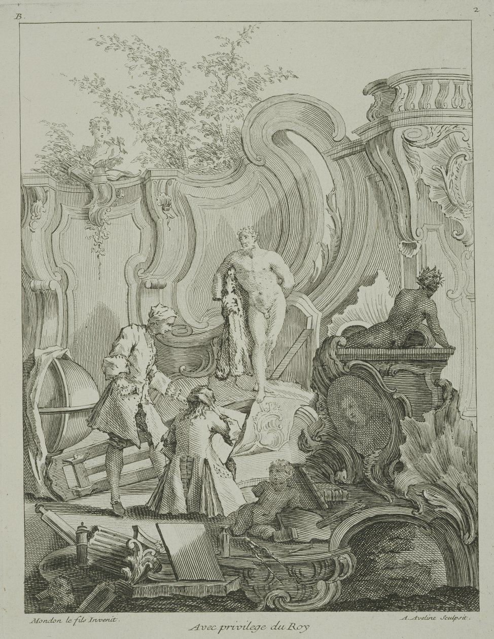 工匠设计的工匠，来自&39;洛可可装饰品&39;，由Antoine Aveline（1691-1743）雕刻，出版于1736-49 作者 让·蒙登